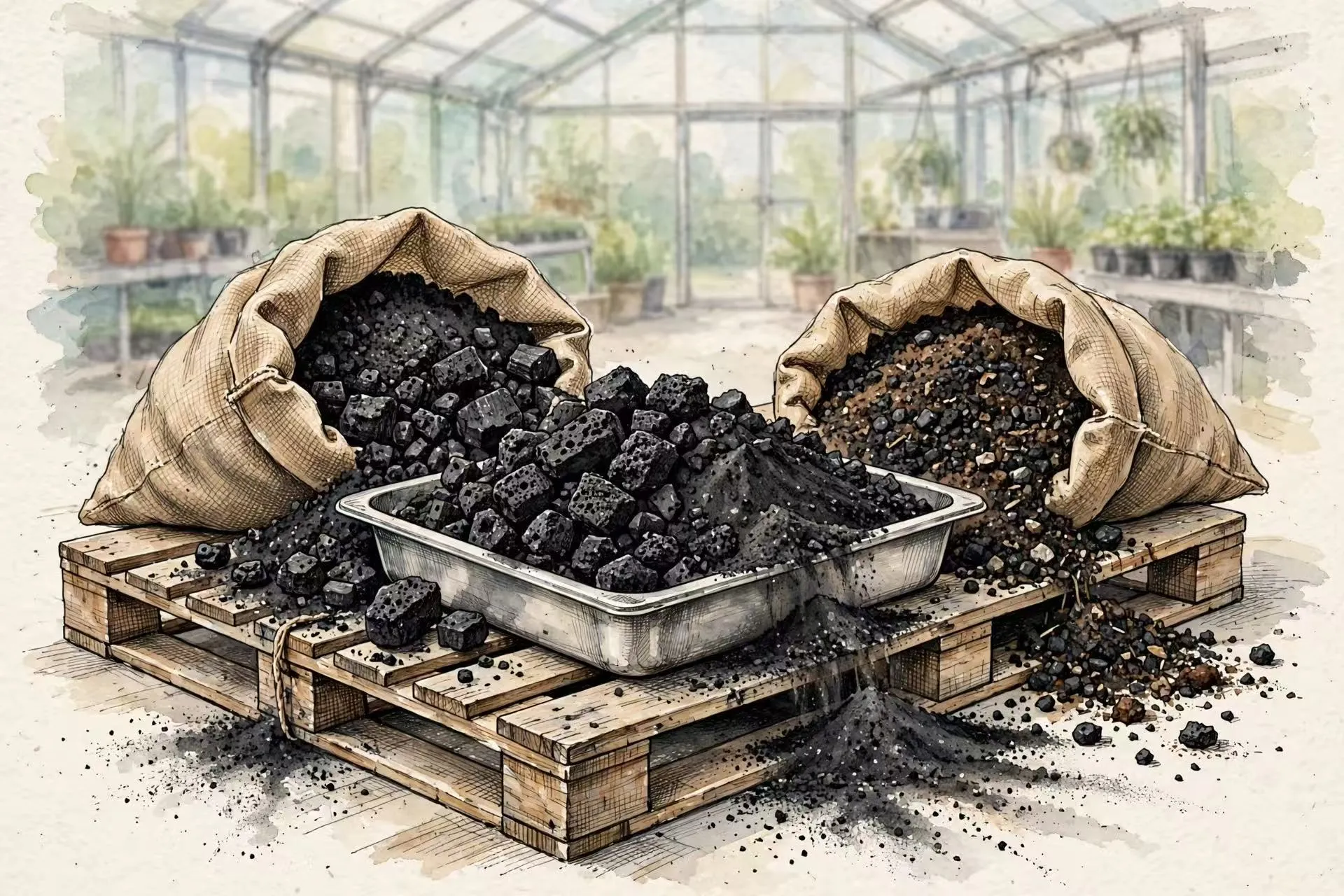 Open sacks of biochar on a bench in a greenhouse