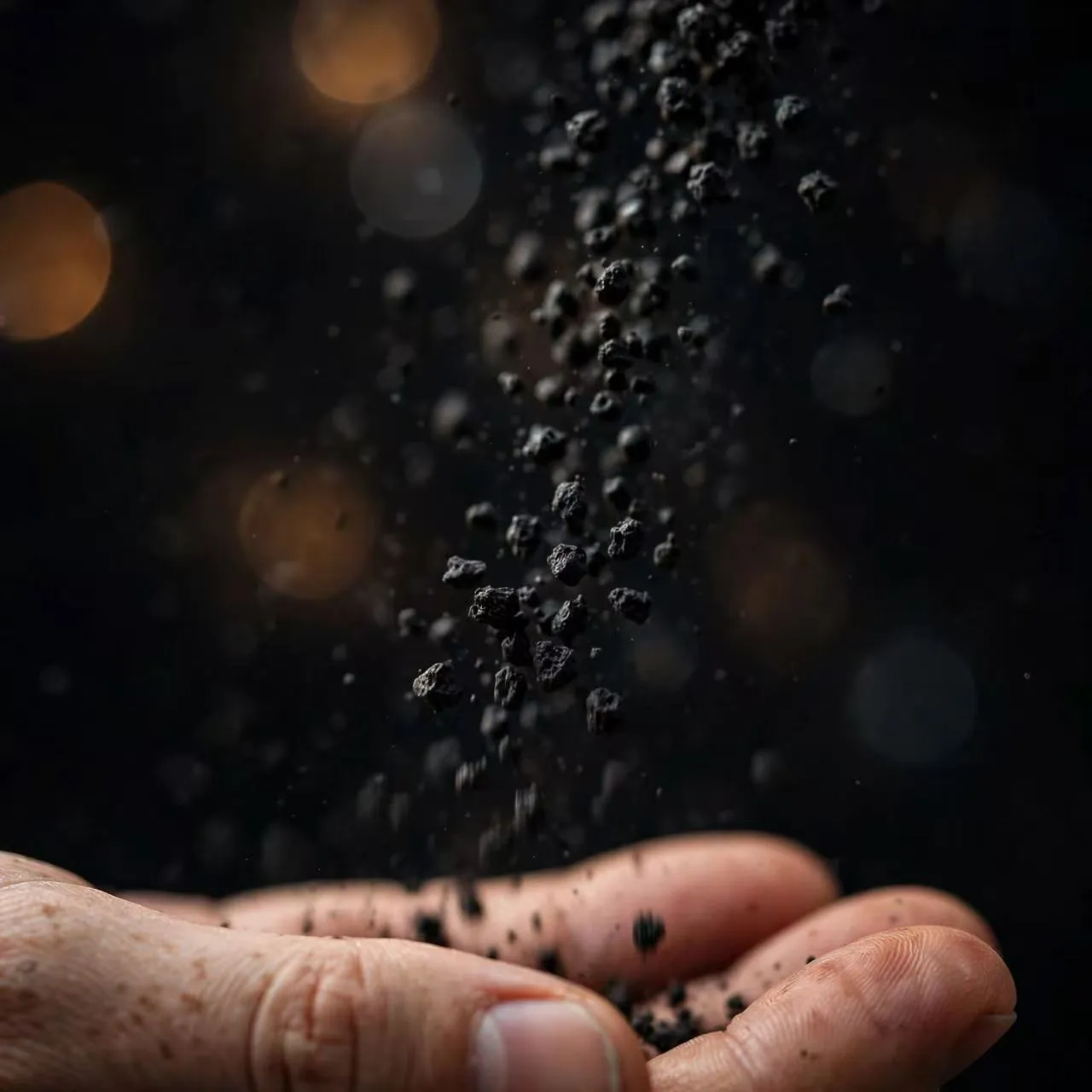 Black carbon granules falling into an open hand