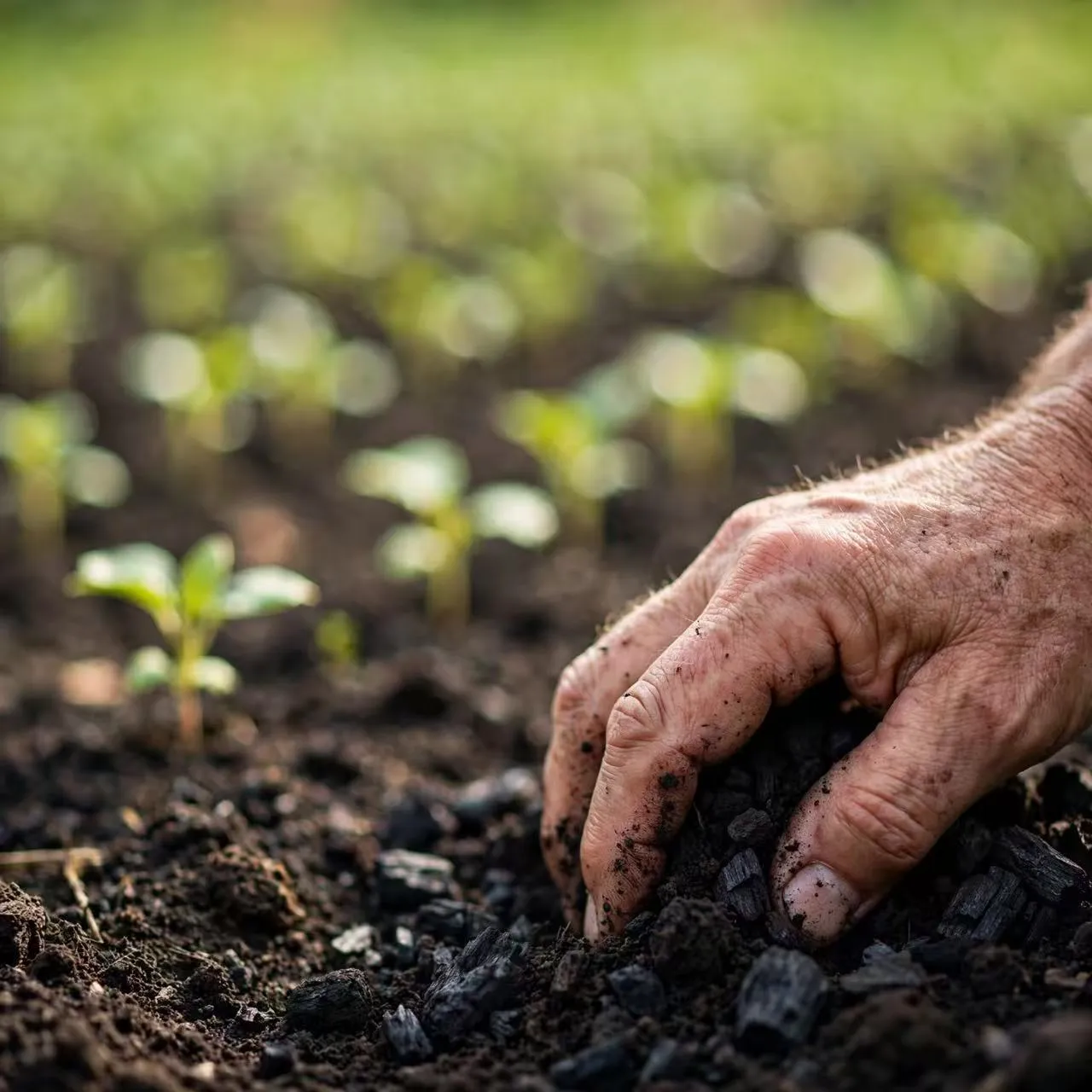 A hand working biochar into soil beside seedlings