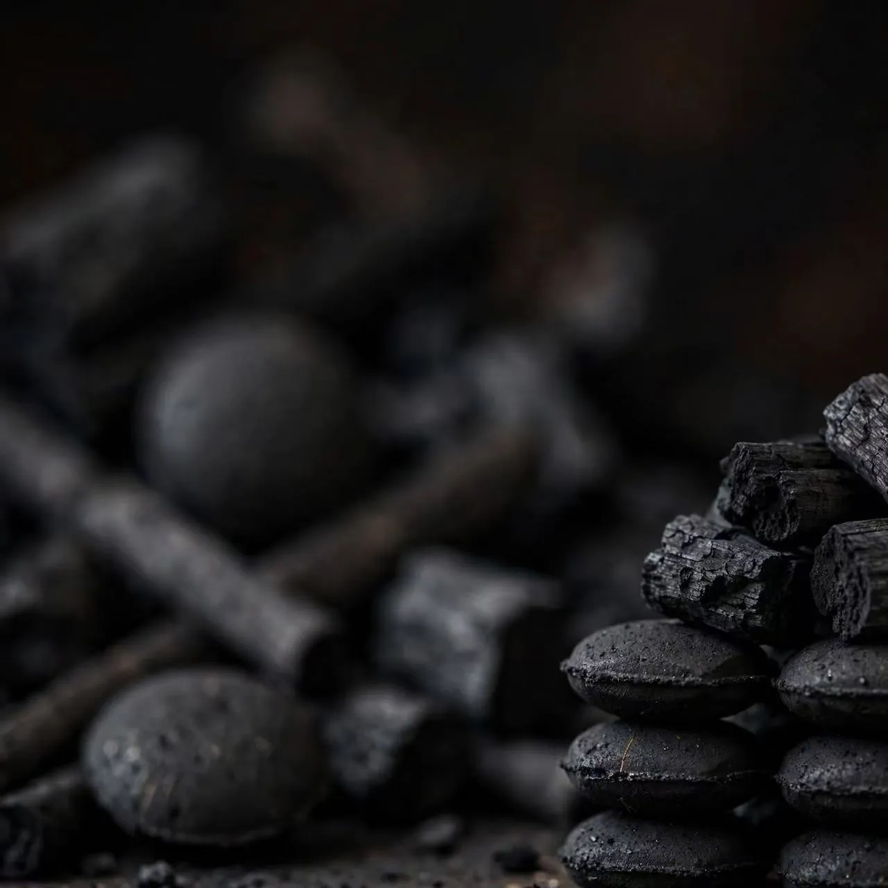 Charcoal briquettes, balls and sticks