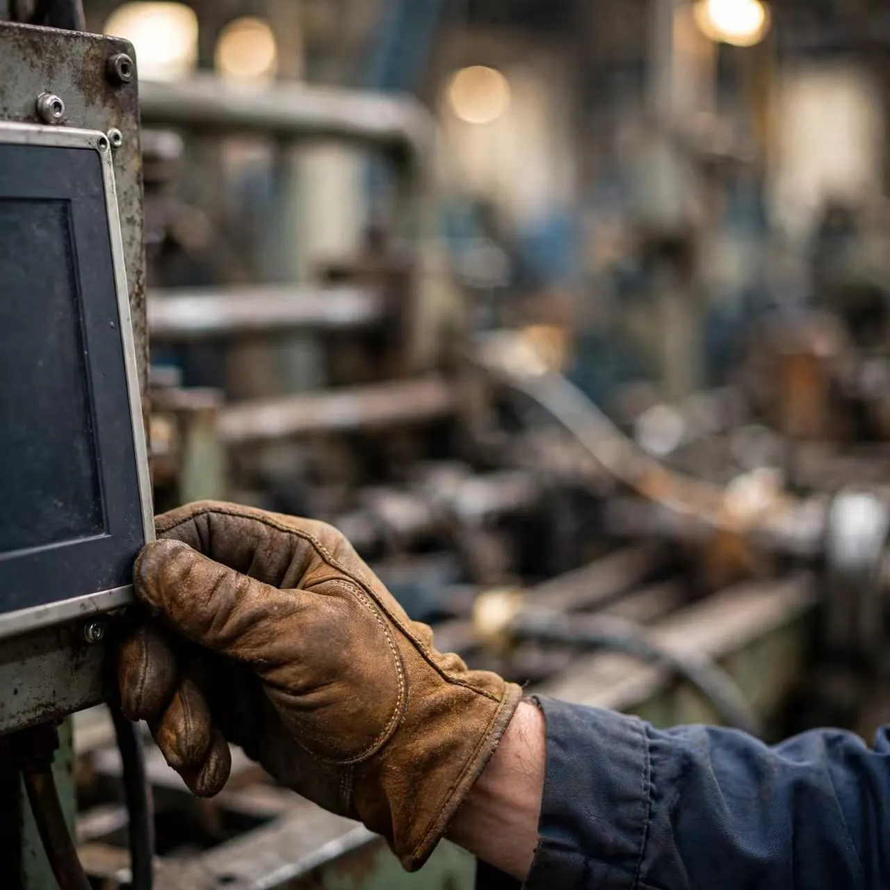 Engineer's gloved hand on a control panel