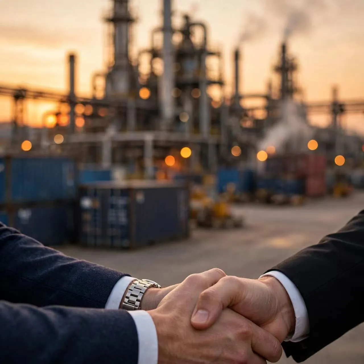 Handshake in front of an industrial site at dusk